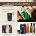 Pflanzenhaarfarbe Set mit Zubehör, Umstiegs-Set, Handschuhe und Flaschen auf hellem Hintergrund
