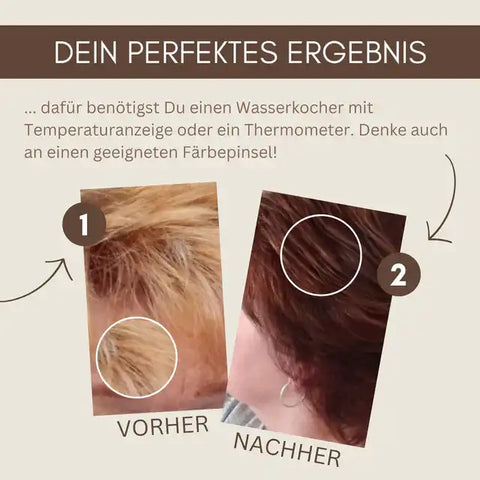 Vorher-Nachher-Bild Haarfärbung, blond zu braun, perfekte Haarfarbe Ergebnis