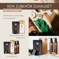 Pflanzenhaarfarbe Set mit Zubehör, grünen Handschuhen und braunen Flaschen vor hellem Hintergrund