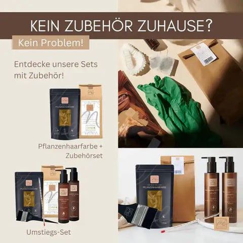 Pflanzenhaarfarbe Set mit Zubehör, Handschuhe, Flaschen und Pinsel auf hellen Hintergrund