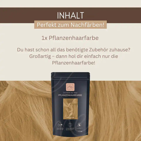 Pflanzenhaarfarbe Packung auf blondem Haar, Text zur Nachfärbung und Inhaltshinweis