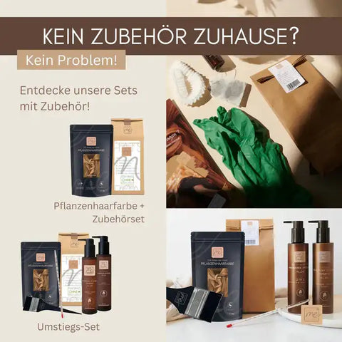 Pflanzenhaarfarbe Set mit Zubehör, Handschuhen, Flaschen und Pinsel auf hellem Hintergrund