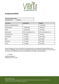 Analysezertifikat für Bio Protein Vegan Pulver von VitaNur mit Schadstoff- und Keimwerten