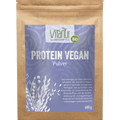 Vitanur Bio Protein Vegan Pulver 600g in brauner Tüte mit lila Etikett, Erbsenmotiv, Proteindose