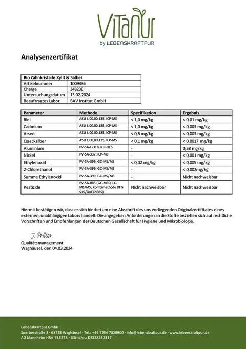 Analysenzertifikat Bio Zahnkristalle Xylit Salbei Schadstoffprüfung Laborergebnis