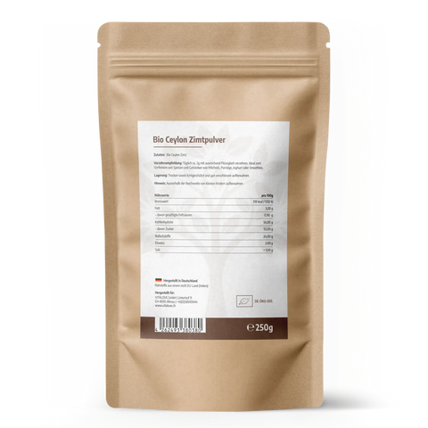 Rückseite des VITALOVE Bio Ceylon Zimt Beutels, 250 g, mit Etikett