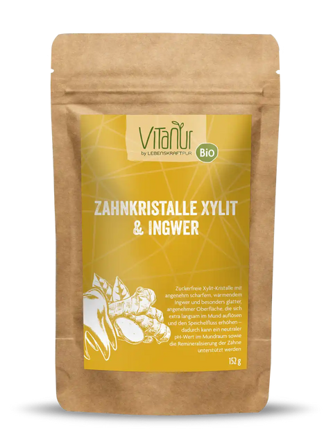 Vitanur Bio Zahnkristalle Xylit Ingwer 152g Doypack, braune Verpackung mit gelbem Etikett.