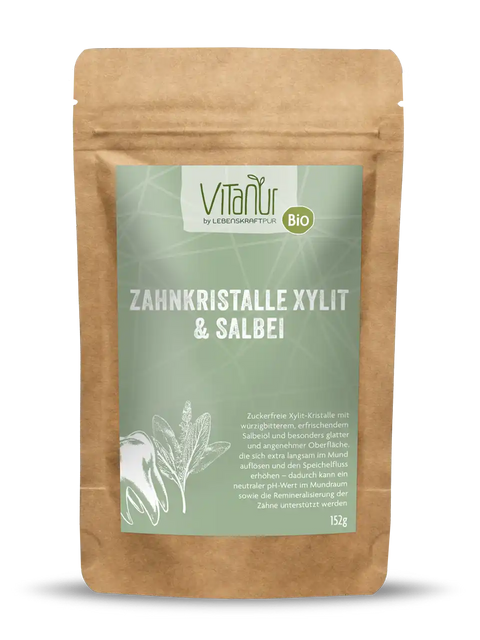 Vitanur Bio Zahnkristalle Xylit Salbei in braunem Doypack mit grünem Etikett, 152g