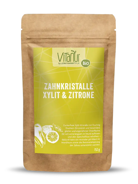Vitanur Bio Zahnkristalle Xylit Zitrone 152g im braunen Doypack mit Zitronenmotiv