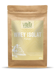 Vitanur Whey Isolat Pulver 600g Beutel, naturbraune Verpackung mit Kuh-Illustration