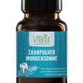 Vitanur Zahnpulver Morgensonne im braunen Glas, 50g, blaues Etikett mit Zahn- und Kräuterillustration