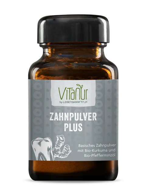VitaNur Zahnpulver Plus Glas mit Zahnpulver, Bio-Kurkuma und Bio-Pfefferminzöl
