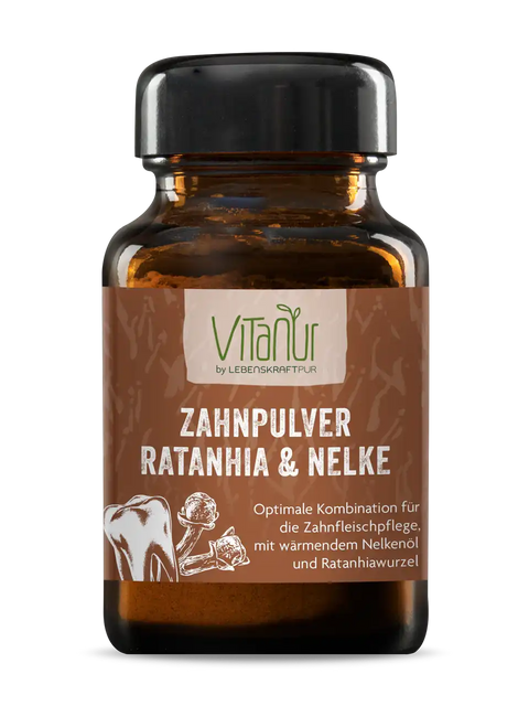 Vitanur Zahnpulver Ratanhia Nelke im braunen Glas mit schwarzem Deckel, 45g, Zahnpflegepulver