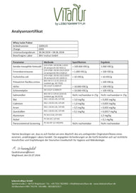 Analysenzertifikat für Whey Isolat Pulver mit Schadstoffanalyse, Laborergebnisse, VitaNur Logo