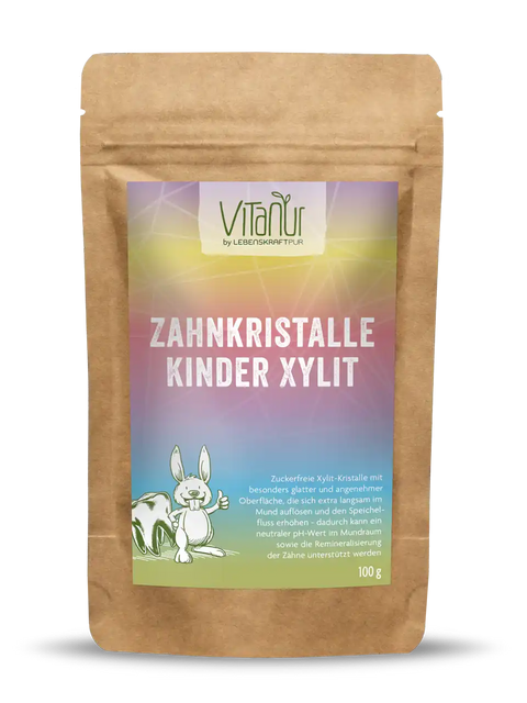 VitaNur Zahnkristalle Kinder Xylit Doypack, 100g, bunte Verpackung mit Hase