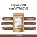 VITALOVE Bio Ceylon Zimtpulver – Infografik mit Hinweisen zur Dosierung und Verwendung