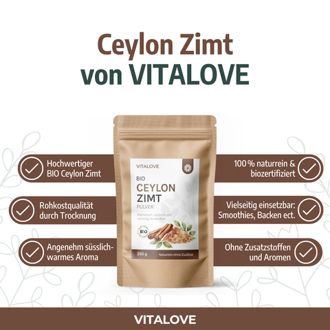 VITALOVE Bio Ceylon Zimtpulver – Infografik mit Hinweisen zur Dosierung und Verwendung