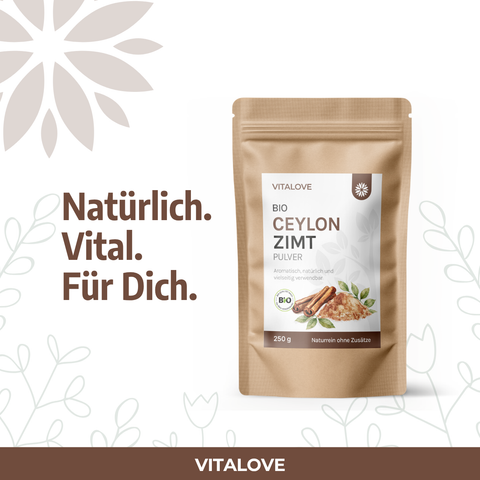 Infografik zum VITALOVE Bio Ceylon Zimt – Inhalt und Eigenschaften des gemahlenen Pulvers