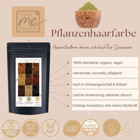 Organische Pflanzenhaarfarbe Verpackung, vegan, chemiefrei, cremige Konsistenz, natürliche Töne