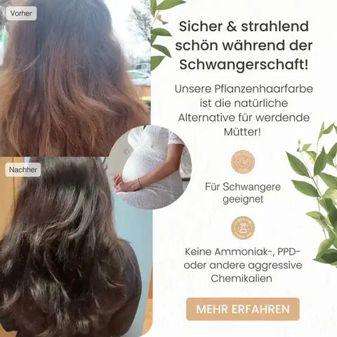 Vorher-nachher Vergleich Pflanzenhaarfarbe für Schwangere, natürliches, chemiefreies Haar