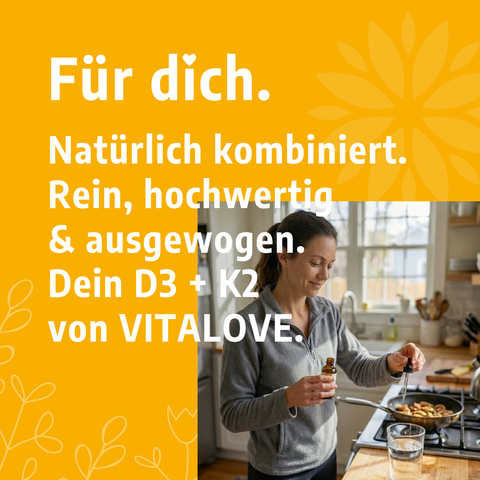 Frau in der Küche mit VITALOVE Vitamin D3 K2 Tropfen – Für-dich-Grafik
