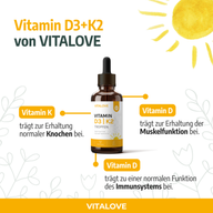 Infografik zu Vitamin D3 und K2 mit Angaben zu Knochen, Muskeln und Immunsystem