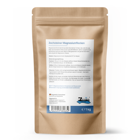Rückseite der 1-kg-Packung VITALOVE Zechsteiner Magnesium Flocken mit Produktetikett