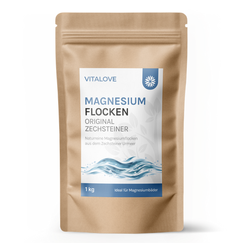 VITALOVE Zechsteiner Magnesium Flocken, 1 kg – Produktverpackung für Fuss- und Vollbäder